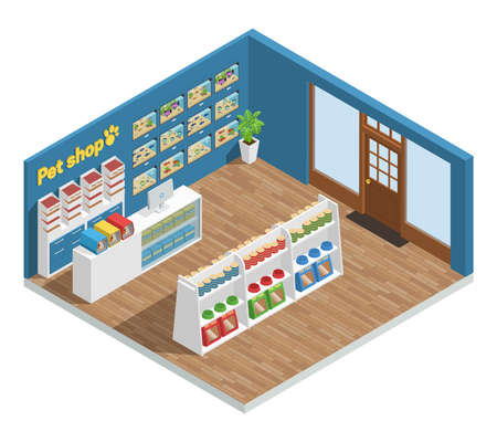 Pet shop interior composition with food accessories and toys isometric vector illustrationのイラスト素材