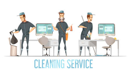 Cleaning service design concept with male person in uniform doing removal of waste cleaning and disinfection of premises flat vector illustrationのイラスト素材