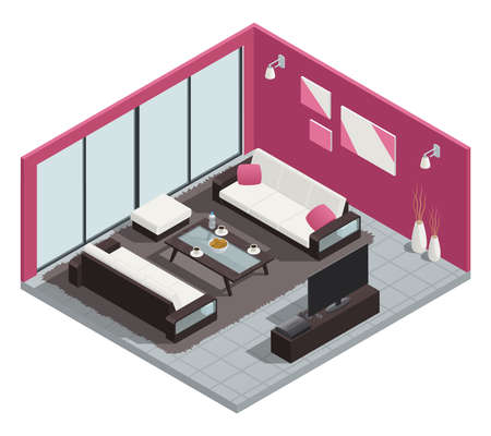 Dining room isometric composition with sofa table and windows vector illustrationのイラスト素材