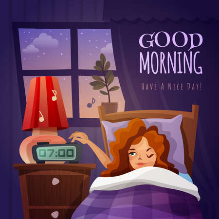 Good morning design composition with awakening cartoon girl and wishing nice day flat vector illustrationのイラスト素材