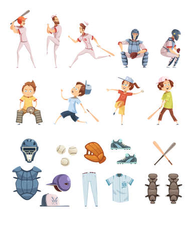 Baseball icons set in cartoon retro style with playing men and kids sports equipment isolated vector illustrationのイラスト素材