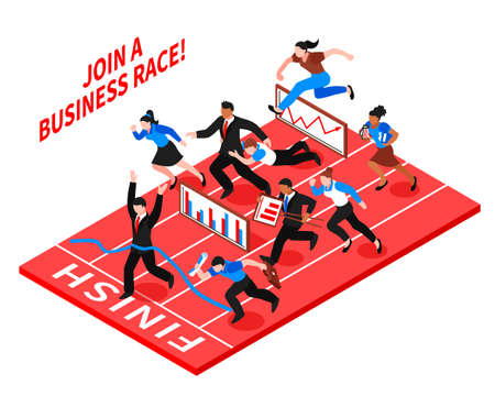Colored flat competition business composition with running people and join a business race description vector illustrationのイラスト素材