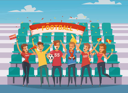 Colored fan rooter buff composition with people who standing in front of the football field bleachers vector illustrationのイラスト素材