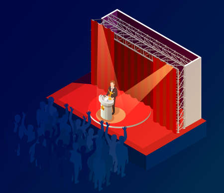 Music award ceremony isometric dark blue background poster with  winner onstage speech in red spotlights vector illustrationのイラスト素材