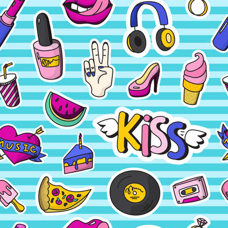 Colored fashion patch badges seamless pattern in pin up style with different shapes and tools vector illustrationのイラスト素材
