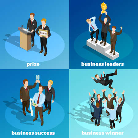 Successful leading business projects managers winners concept 4 isometric icons square with prize money award  isolated vector illustrationのイラスト素材