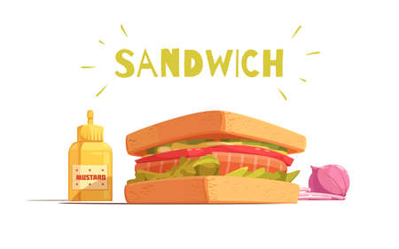 Sandwich cartoon design with toasts salmon tomato salad sliced onion and mustard on white background vector illustrationのイラスト素材