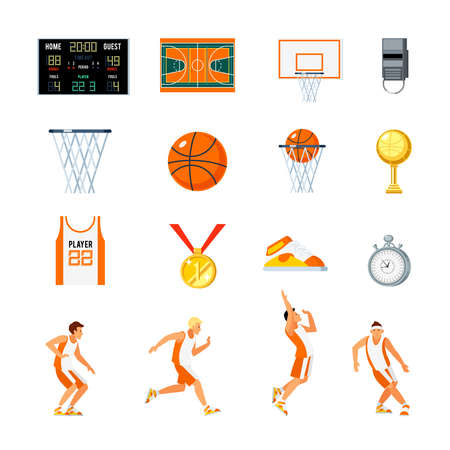 Basketball orthogonal icons set with players trophies whistle stopwatch backboard court and sports uniform isolated vector illustrationのイラスト素材