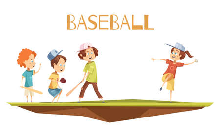 Kids playing baseball flat vector illustration in cartoon style with cute characters engaged in gameのイラスト素材