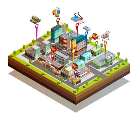 Island city isometric concept with numerous store buildings on white background vector illustrationのイラスト素材