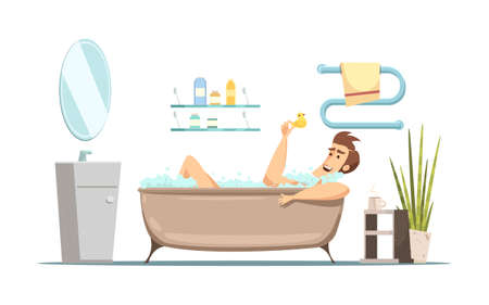 Retro cartoon composition in hygiene theme with man taking bath in bathroom flat vector illustrationのイラスト素材
