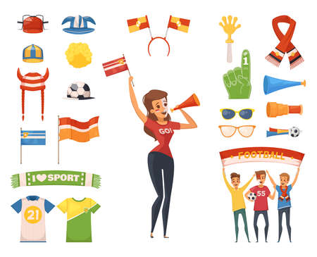 Colored and isolated fan rooter buff icon set female character accessories and equipment vector illustrationのイラスト素材