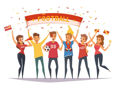 Colored fan rooter buff group composition with flags and banners girls and boys vector illustrationのイラスト素材