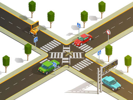 City suburb crossroads navigation isometric view with traffic boards pedestrian zebra crossing and cars vector illustrationのイラスト素材