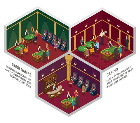 Three colored casino isometric interior compositions with card games and casino descriptions vector illustrationのイラスト素材