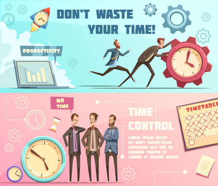 Horizontal banners in retro cartoon style with time management including effective planning and productivity isolated vector illustrationのイラスト素材