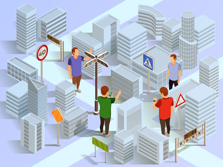City navigation with help of digital maps isometric composition vector illustrationのイラスト素材