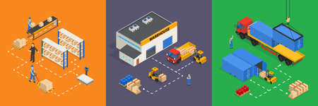 Three square colored compositions on warehouse theme with trucks goods shelves and workers in...