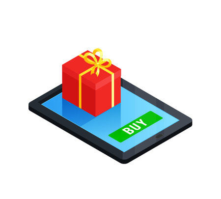 Online order conceptual composition with isometric gift box on top of tablet touch screen with buy button vector illustrationのイラスト素材