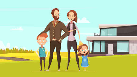 Happy amicable family design concept with young parents and little boy and girl standing on lawn at countryside background  flat vector illustrationのイラスト素材