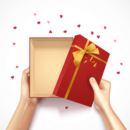 Hands holding gift box top view realistic 3D background with red rectangular box golden bow and confetti vector illustrationのイラスト素材