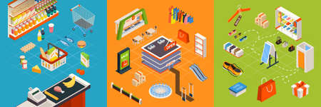 Shopping mall colorful isometric store interior composition of fashion clothes fast food court and supermarket zones vector illustrationのイラスト素材