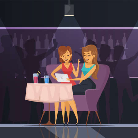 Selfie in cafe with women tablet table and drinks flat vector illustrationのイラスト素材