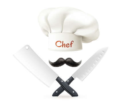 Composition from hat of chef with red lettering mustache and crossed knives on white background vector illustrationのイラスト素材