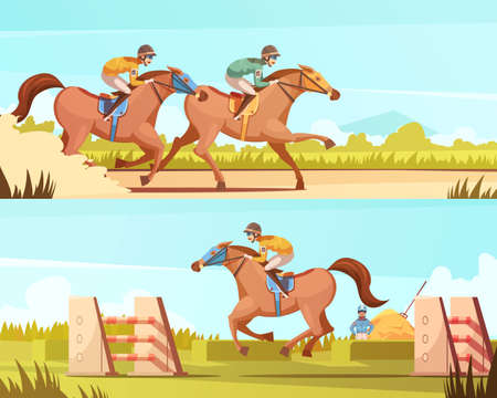 Equestrian sport horizontal banners with horse riding and racing cartoon compositions flat vector illustrationのイラスト素材