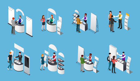 Isometric set of promotional stands and people with products and handout on blue background isolated vector illustrationのイラスト素材
