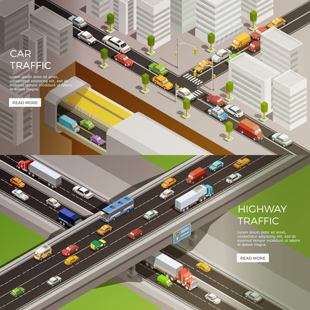 Road elements isometric banners set with urban scenery highway and car images with read more button vector illustrationのイラスト素材
