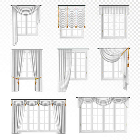 Collection of realistic windows with curtains in classic style eight flat isolated images on transparent background vector illustrationのイラスト素材