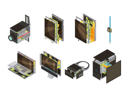 Colored gadgets scheme isometric icon set with computer reserve parts and microcircuit vector illustrationのイラスト素材