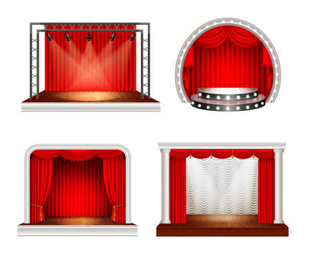 Realistic stages set with four images of empty space stage with red curtains and lighting equipment vector illustrationのイラスト素材