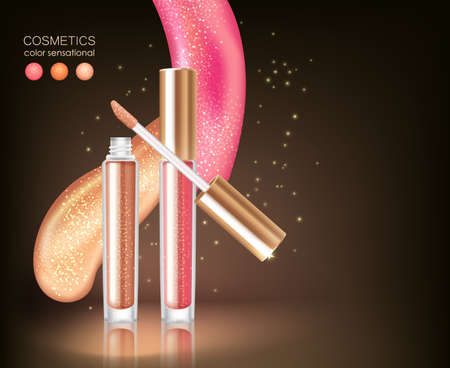 Lip gloss ad conceptual background composition of two realistic lipshine tubes and sparkling runback with text vector illustrationのイラスト素材