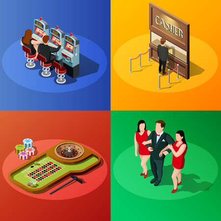 Casino 2x2 design concept with slot machine roulette cashier and winner square compositions isometric vector illustrationのイラスト素材