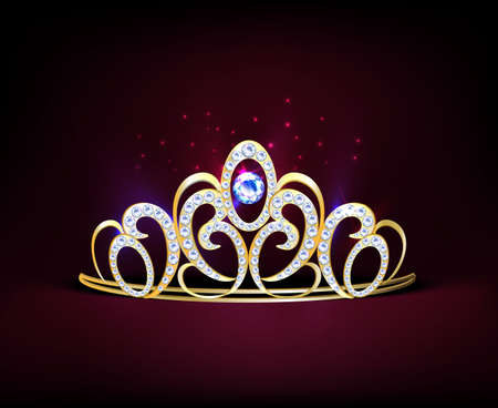 Colored golden realistic diadem composition with diamonds and big gemstone in center vector illustrationのイラスト素材