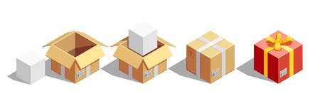 Delivery isometric collection of isolated square carton images pasteboard box for sending and...