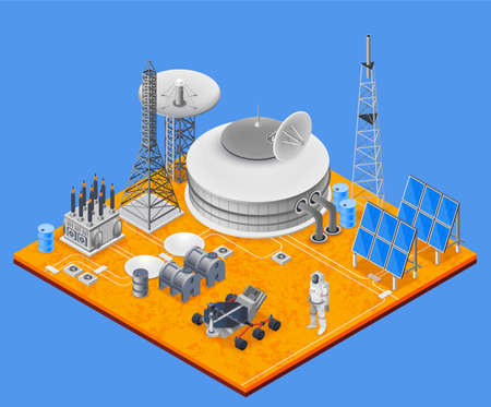 Space station isometric concept with solar energy symbols vector illustrationのイラスト素材
