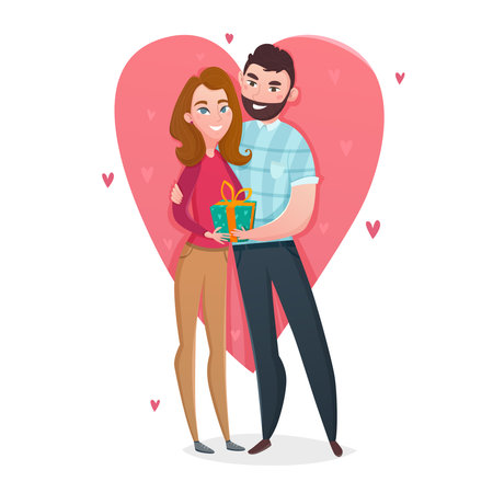 Valentines day couple composition with pair of sweethearts flat characters in front of big drawn heart vector illustrationのイラスト素材