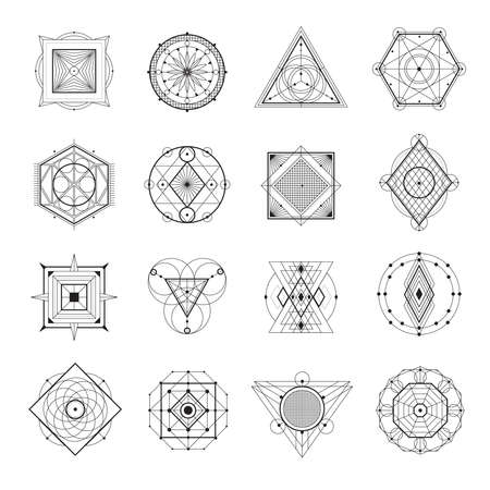 Sacred geometry abstract symbols monochrome set isolated on white background flat vector illustrationのイラスト素材