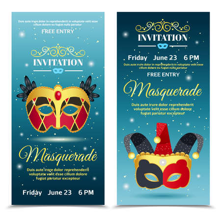 Carnival vertical banners representing  invitation tickets with date of event decorated by clowns mask flat vector illustrationのイラスト素材