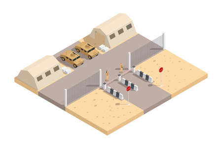 Military isometric composition with guarded military base and with the necessary equipment vector illustrationのイラスト素材