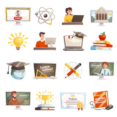 Online learning flat colored icons set with teachers and students participating in web seminars isolated vector illustrationのイラスト素材
