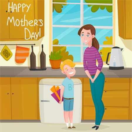 Mother day gift composition with mom and child with fancy box cartoon characters in kitchen interior vector illustrationのイラスト素材