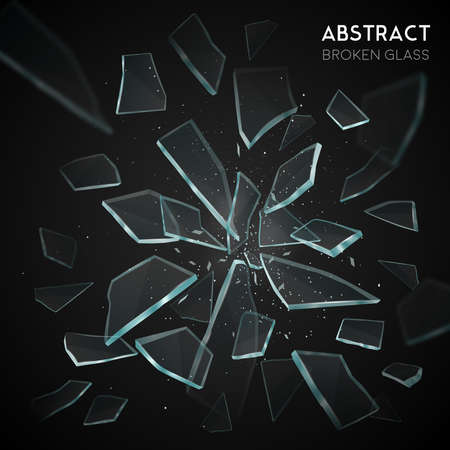 Broken glass shatters various geometric forms sharp pieces spreading and flying apart on black...