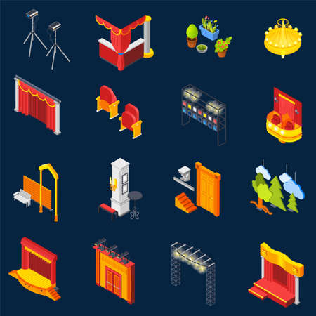 Theatre isometric icons set on blue background isolated vector illustrationのイラスト素材