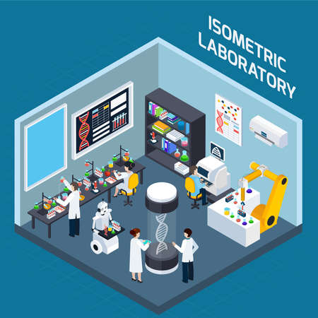 Biochemical laboratory interior isometric design concept with tools for genetics research and highly technological equipment flat vector illustrationのイラスト素材