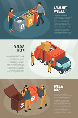 Three isolated isometric garbage recycling horizontal banner set with separated truck garbage and bags descriptions vector illustrationのイラスト素材