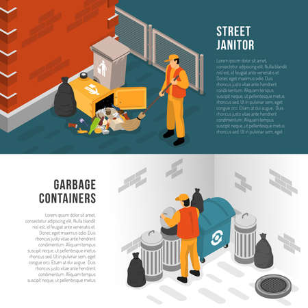Two horizontal isometric garbage recycling banner set with street janitor and garbage containers descriptions vector illustrationのイラスト素材
